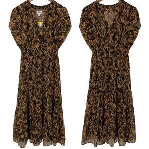 STEVE MADDEN NWT Tiered Printed V Neck Midi Dress Brown Size Small Lined
